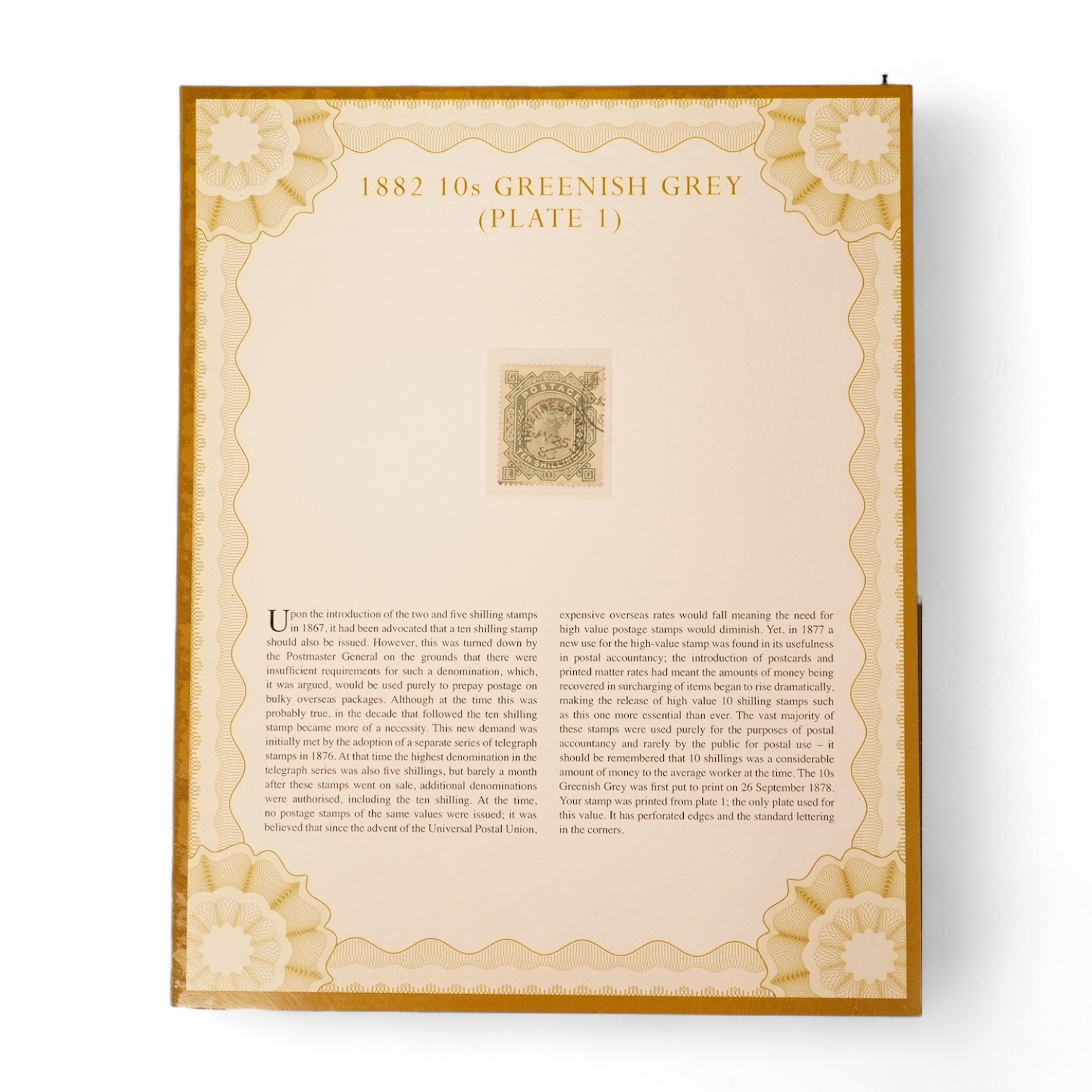 1882 10s Greenish Grey (plate 1) in Westminster Collection case with certificate
